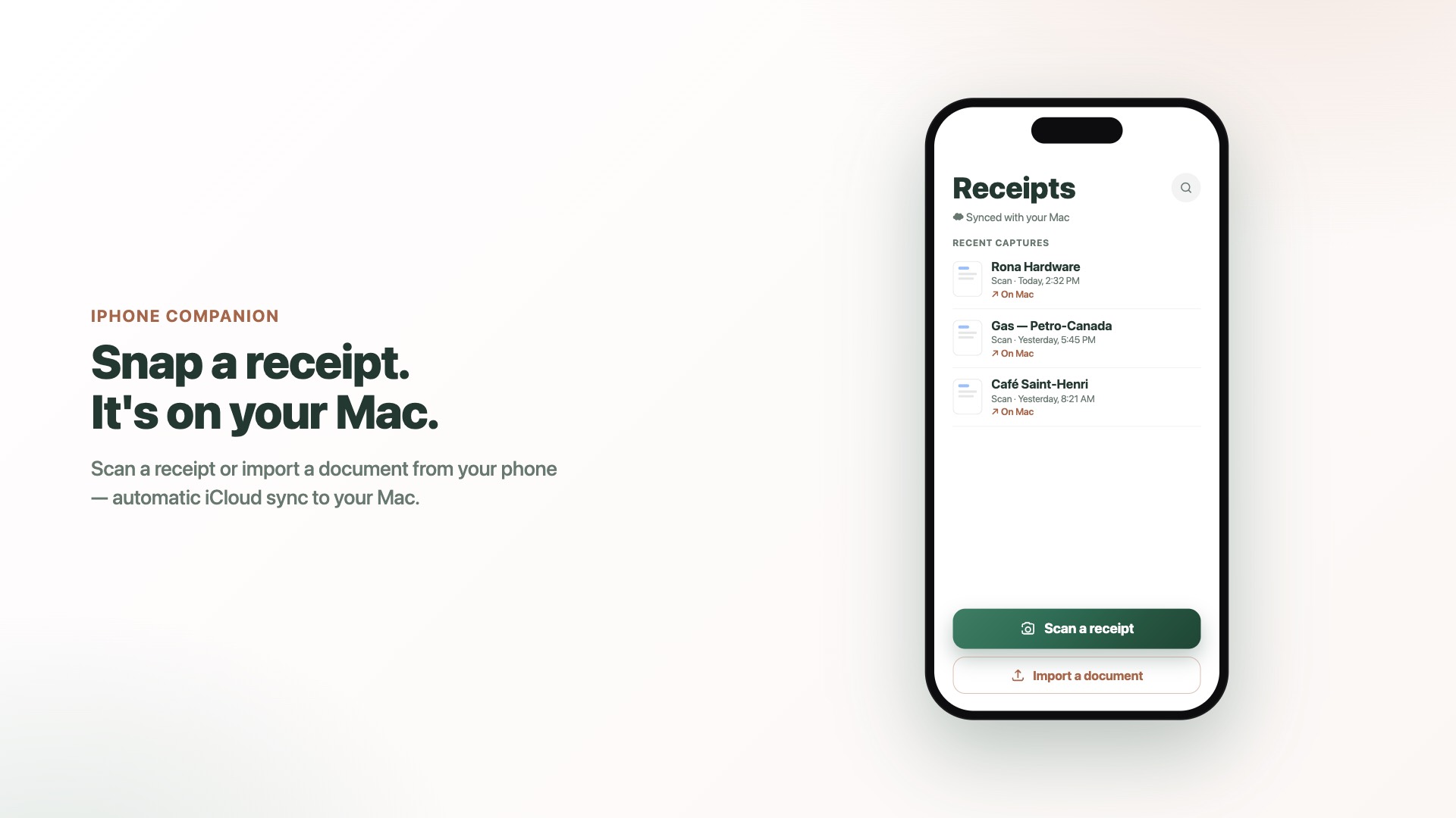 Soumo — iPhone companion: receipt scanning synced to the Mac via iCloud