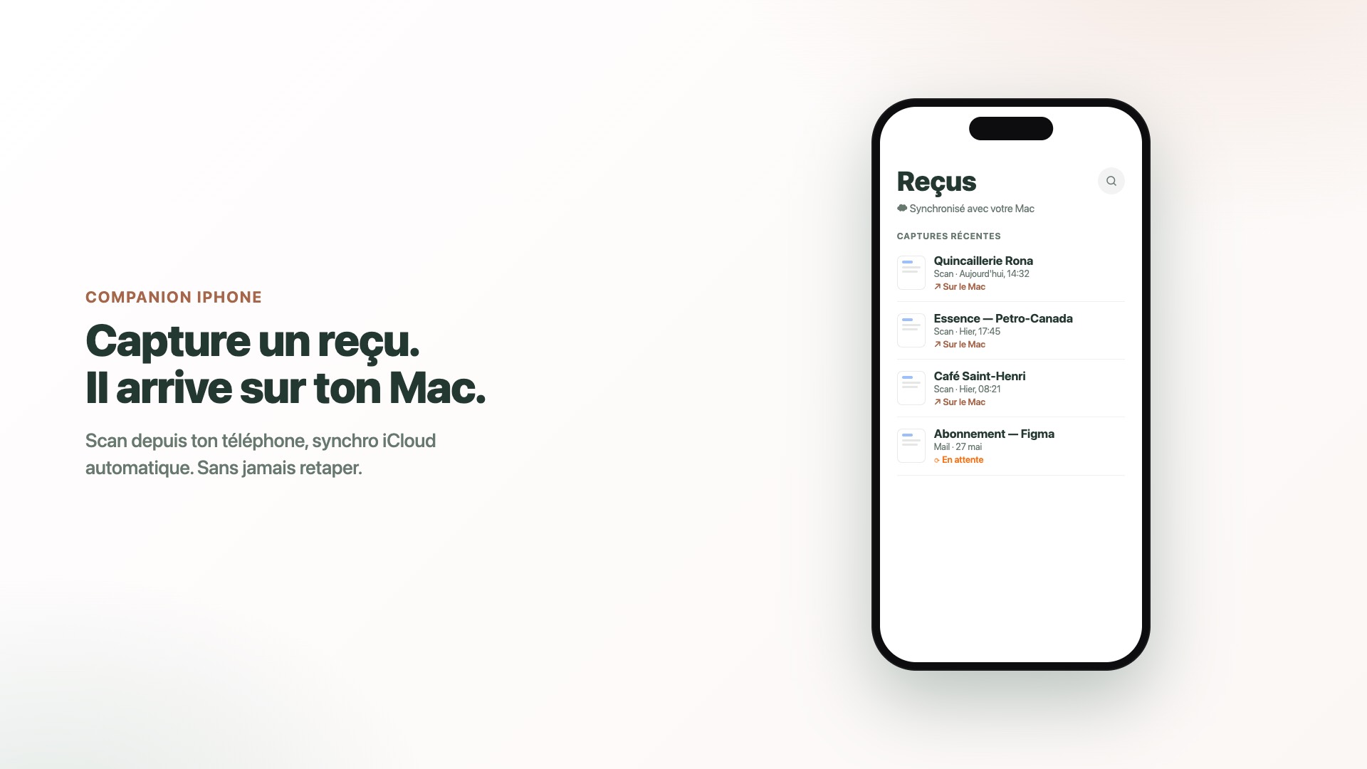 Soumo — Companion iPhone : scan de reçus synchronisé sur le Mac via iCloud