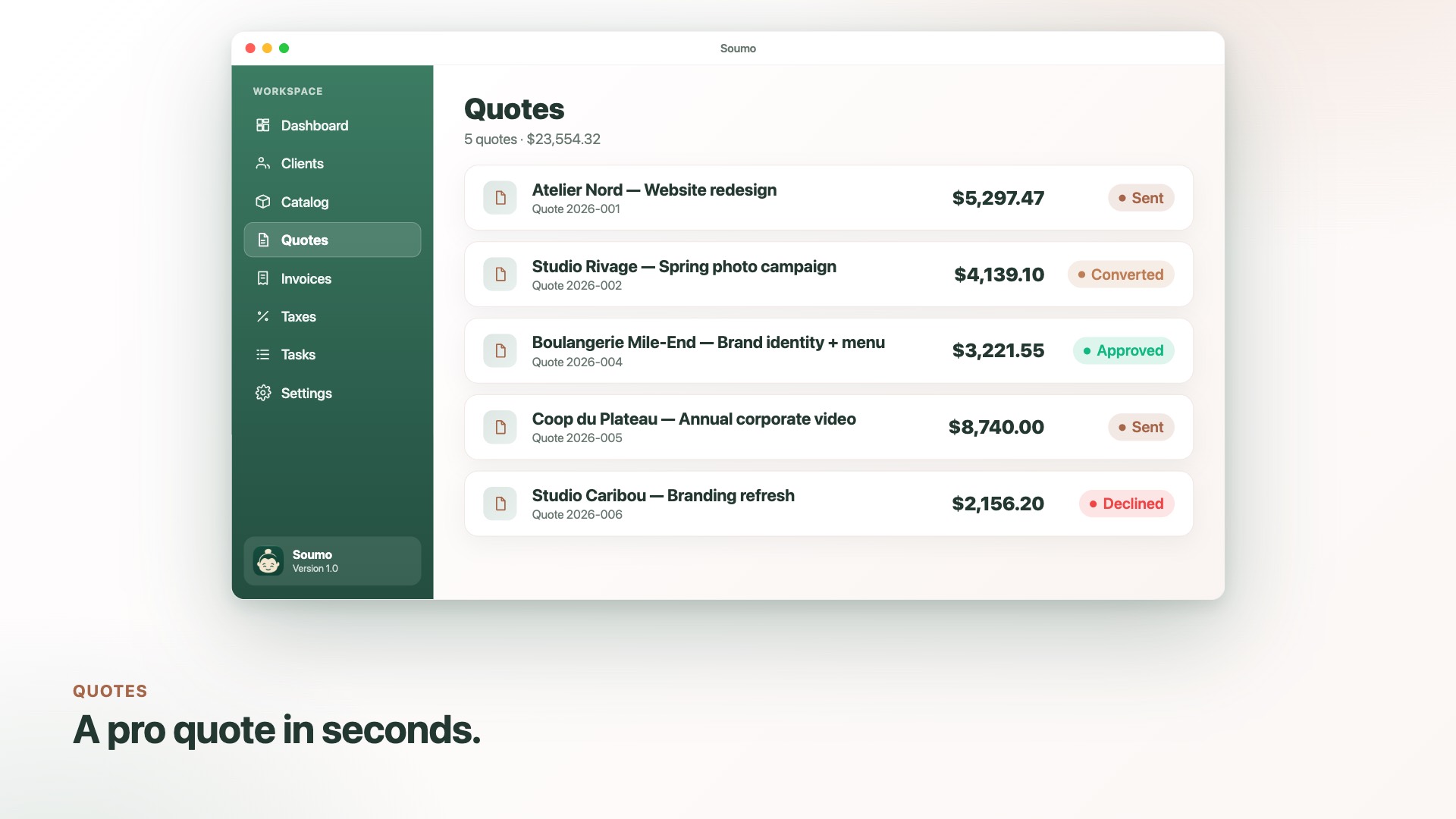 Soumo — Quotes list with statuses (sent, approved, declined, converted)