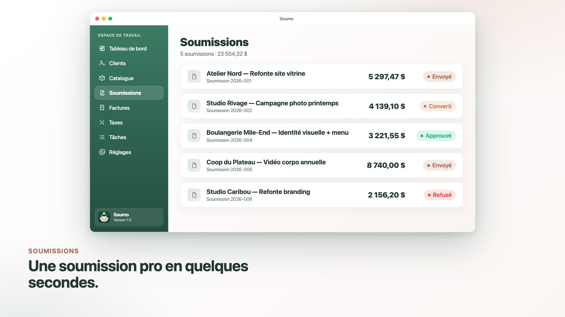 Soumo — Liste des soumissions avec statuts (envoyé, approuvé, refusé, converti)