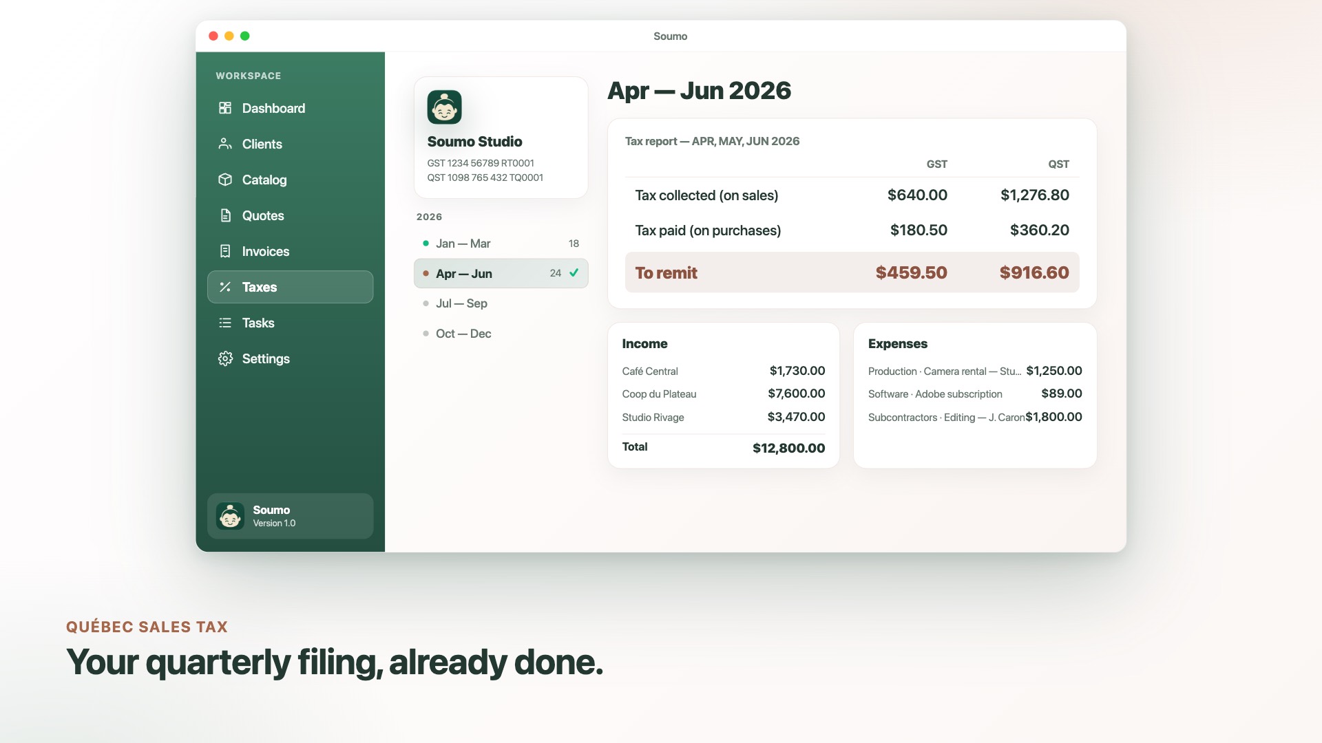 Soumo — Quarterly GST/QST tax report calculated automatically