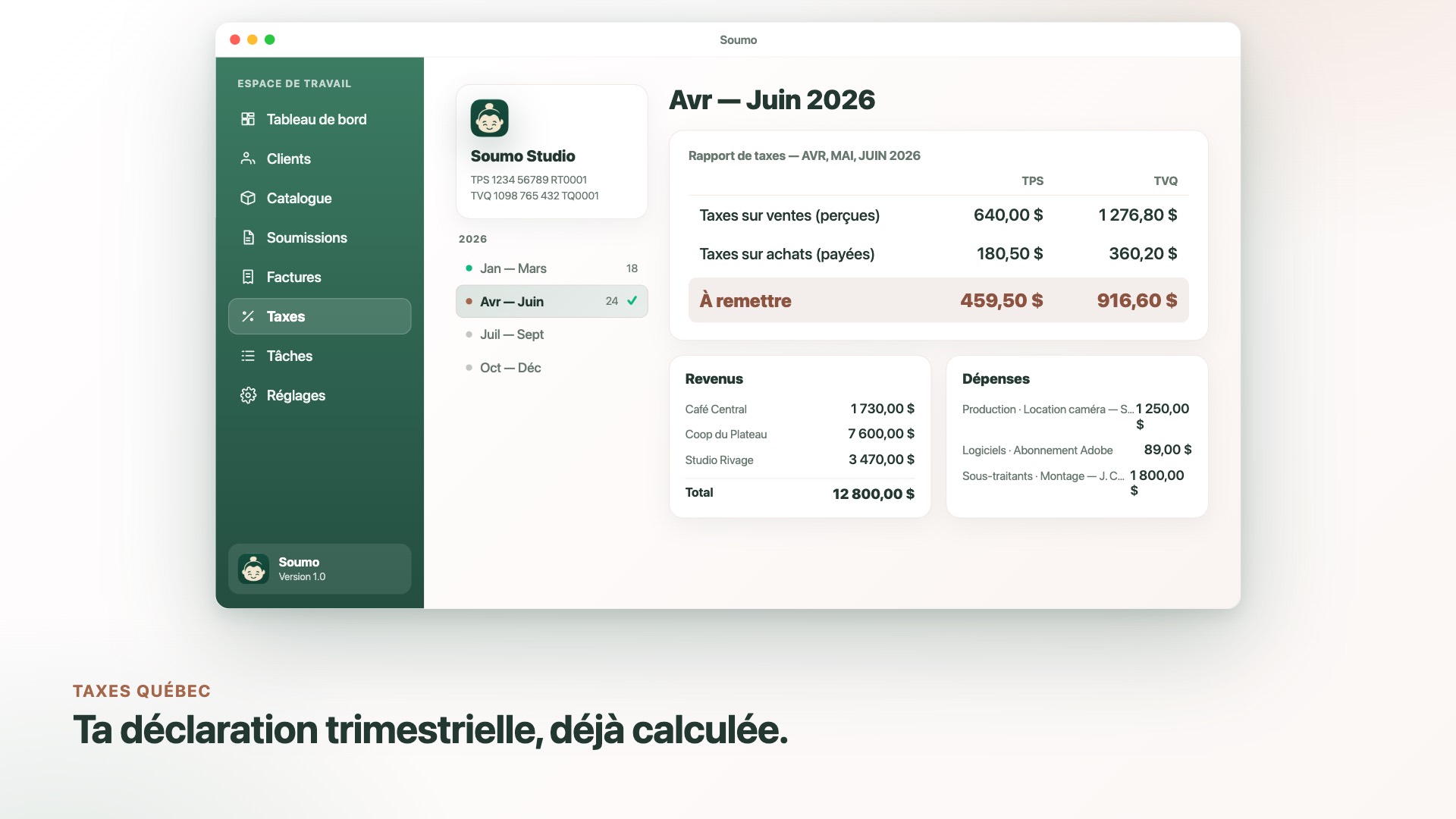 Soumo — Rapport de taxes trimestriel TPS/TVQ calculé automatiquement