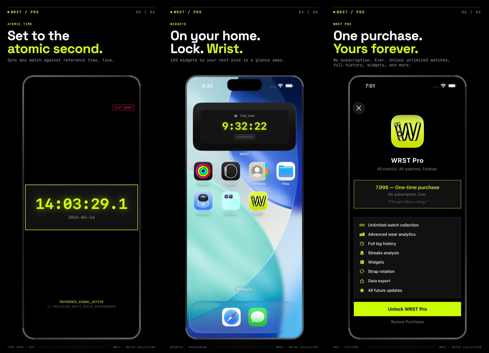 WRST screenshots: Atomic Time Sync, Widgets, WRST Pro